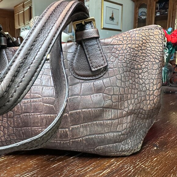 Crocodile-Embossed Brown Leather Conceal Carry Handbag By Hidesign Double Handle - Picture 7 of 14